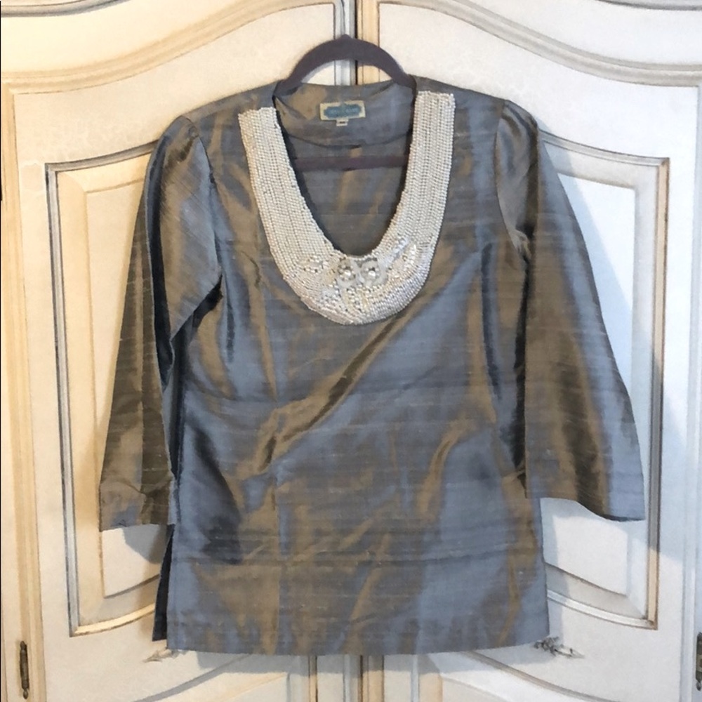 Devan Baer Raw Silk Silver Tunic w Pearls